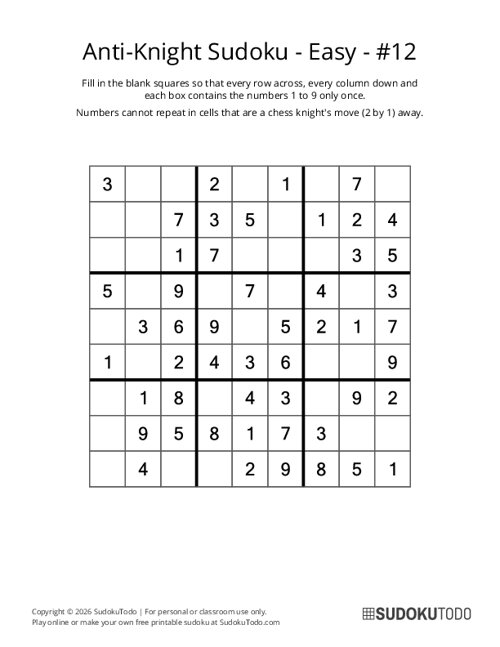 Anti-Knight Sudoku - Easy - 12