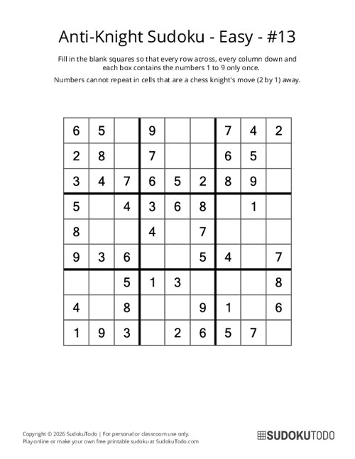 Anti-Knight Sudoku - Easy - 13