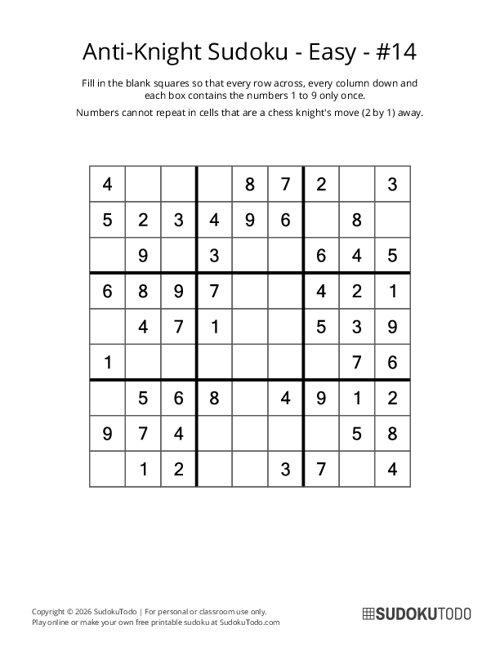 Anti-Knight Sudoku - Easy - 14
