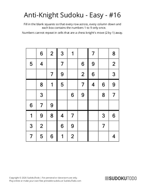 Anti-Knight Sudoku - Easy - 16
