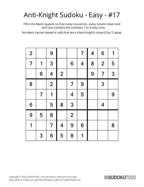 Anti-Knight Sudoku - Easy - 17