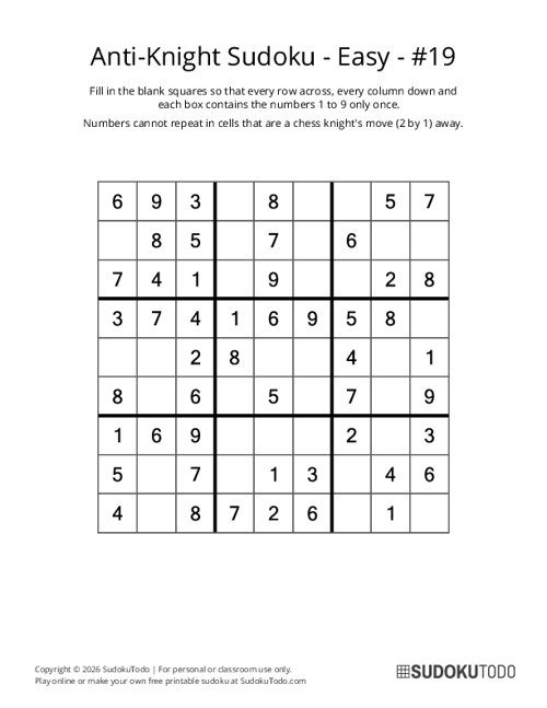 Anti-Knight Sudoku - Easy - 19