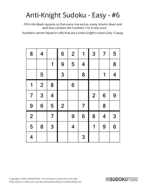 Anti-Knight Sudoku - Easy - 6