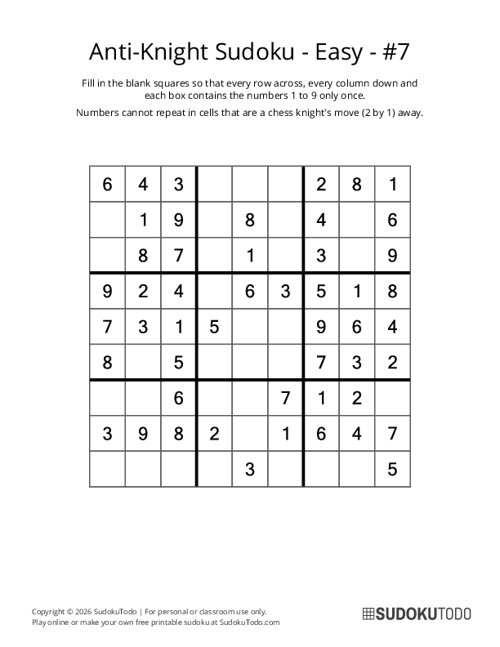 Anti-Knight Sudoku - Easy - 7