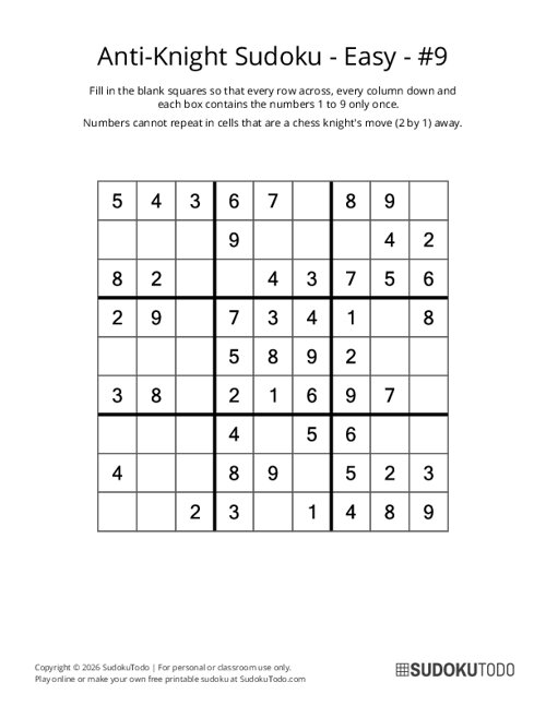 Anti-Knight Sudoku - Easy - 9