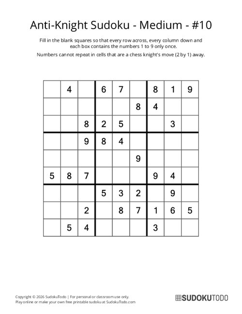 Anti-Knight Sudoku - Medium - 10