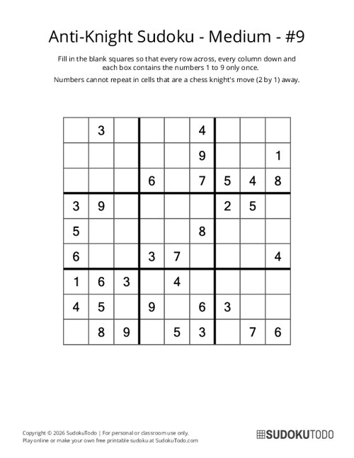 Anti-Knight Sudoku - Medium - 9