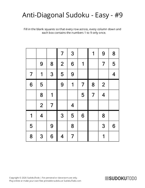 Anti-Diagonal Sudoku - Easy - 9