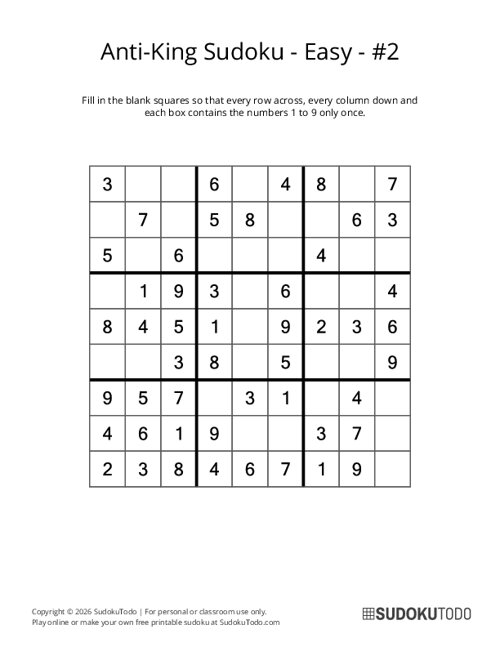 Anti-King Sudoku - Easy - 2